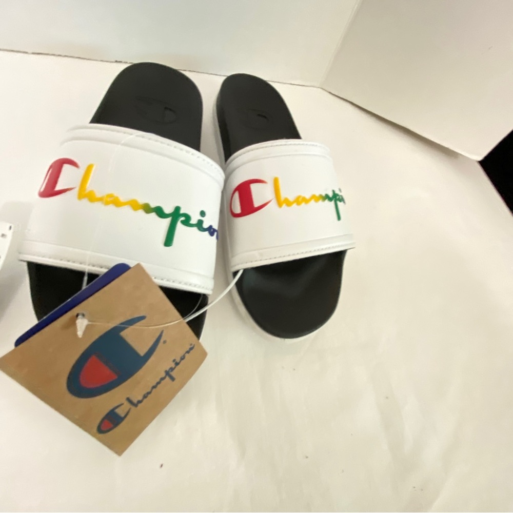 Champion Slides Logo Rainbow/white size 8